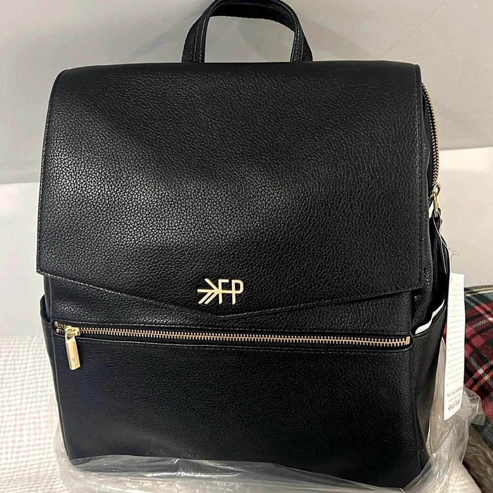 Freshly Picked Black Leather-Look Backpack Diaper Bag with Gold Accents